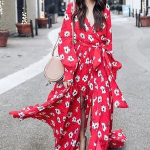 NWT Red A-line Balloon Sleeve Printed Maxi